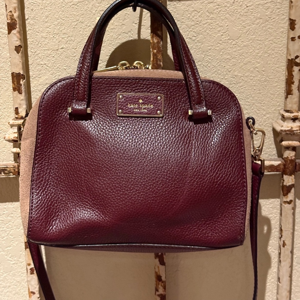kate spade burgundy and beige pebble leather & suede satchel crossbody